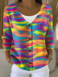 Vintage Gradient Art Print Buttoned V-neck Cardigan Sweater