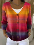 Vintage Gradient Art Print Buttoned V-neck Cardigan Sweater