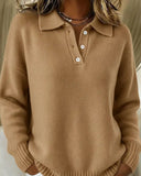 Classic Polo Neck Button-Down Solid Color Sweater Top 1413