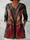 Summer Tropical Bird Symmetrical Pattern Printed Women's Casual Linen V-Neck Shirt
