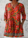 Ethnic Style Summer Floral Pattern Printed Women's Casual Linen V-Neck Shirt