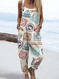 Wome'S Holiday Style Vintage Marine Stamp Pattern  Print Casual Cotton Wide Leg Jumpsuit