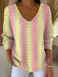 Women's Beautiful Colorful Striped Painting Art Print Casual Pullover Sweater