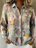 Women's Vintage Patchwork Gradient Abstract Pattern Art Print Cowl Neck Sweater