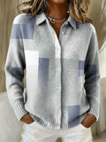 Gradient Geometric Color Block Decorative Pattern Casual Shirt Collar Long Sleeve Sweater