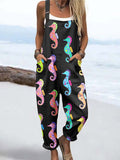 Wome'S Holiday Style Colorful Polka Dot Art Seahorse Pattern  Print Casual Cotton Wide Leg Jumpsuit