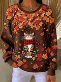 Women Casual Halloween Cat Crew Neck Long Sleeve Sweatshirt