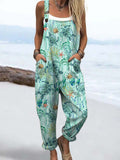 Women's Vintage Ocean Marine Turtle Print Casual Cotton Wide Leg Jumpsuit
