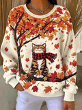 Women Casual Halloween Cat Crew Neck Long Sleeve Sweatshirt