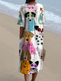 Women's Minimalist Colorful Cartoon Puppy Print Flowy Dress