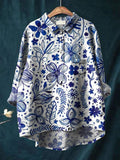 Women's Floral Art Print Casual Cotton And Linen Shirt