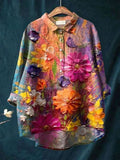 Women's Retro Floral Print Casual Cotton And Linen Shirt