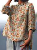 Women's Vintage Orange Flower Art Print Casual Cotton And Linen Shirt