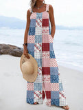 Women's Independence Day Plaid Floral Pattern  Loose Linen Material Jumpsuits