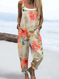 Wome's Watercolor Rose Pattern Print Casual Cotton Wide Leg Jumpsuit