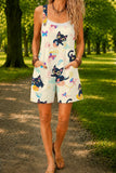 Women’s Cream Cute Cat Print Casual Cotton Wide Leg Romper