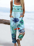Wome's Vintage Sea Fish Pattern  Print Casual Cotton Wide Leg Jumpsuit