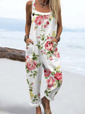 Wome's Elegant Rose Pattern Print Casual Cotton Wide Leg Jumpsuit