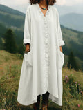 Textured Cotton V-Neck Ruffle-Trim Maxi Dress with Pockets