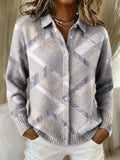 Geometric Color Block Decorative Patterns Casual Shirt Collar Long Sleeve Sweater