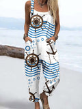 Wome'S Holiday Style Rudder Pattern  Print Casual Cotton Wide Leg Jumpsuit