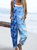 Women's Vintage Blue Ocean Art Print Casual Cotton Wide Leg Jumpsuit
