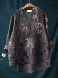 Women's Flower Art Print Casual Cotton And Linen V-neck Shirt