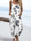 Wome'S Holiday Style Watercolor Seahorse Stars Pattern  Print Casual Cotton Wide Leg Jumpsuit