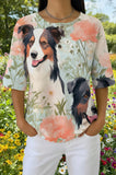 Womens Peach Dog Floral Print Casual Waffle Cotton Shirt