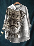 Women's Vintage Cute Dog Art Print Casual Cotton And Linen Shirt