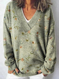 Lovely Floral Art Print Knit V-neck Pullover Sweater