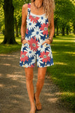 Women’s Red Blue Tropical Floral Print Casual Cotton Wide Leg Romper