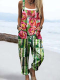 Wome'S Holiday Style Artistic Rose Pattern Print Casual Cotton Wide Leg Jumpsuit