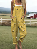 Women's Flying Bees Embroidery Pattern Casual Cotton Linen Wide Leg Jumpsuit RJ002