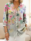 Women's Colorful Watercolor Flowers Print Casual Ruffled Denim Shirt RSDS2905