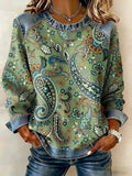 Women's Casual Retro Paisley Waffle Denim Sweatshirt RSPS2807