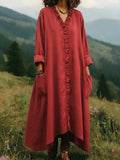 Textured Cotton V-Neck Ruffle-Trim Maxi Dress with Pockets
