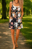 Women’s Black Vintage Cat Floral Print Casual Cotton Wide Leg Romper