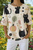 Womens White Halloween Cat Pumpkin Print Casual Shirt