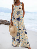 Women's Shell Coral Pattern Protect Split Joint Square Collar Loose Linen Fabric Jumpsuits