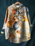 Leaves Art Printed Women's Casual Cotton And Linen Shirt