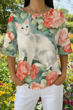 Womens White Floral White Cat Print Casual Shirt
