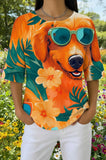Womens Orange Sunflower Dog Print Casual Waffle Cotton Shirt