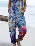Wome'S Holiday Style Vintage  Art Geometric Floral Pattern Print Casual Cotton Wide Leg Jumpsuit