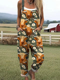 Women's Highland Cow Print Casual Cotton Wide Leg Jumpsuit