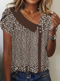 Brown V-neck Short Sleeve Casual Blouse
