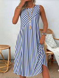 White-Blue Striped Round Neck Sleeveless Midi Dress