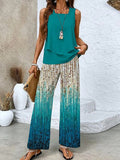 Square Neck Sleeveless Layered Hem Tank Top and Gradient Color Pants Two Piece Set