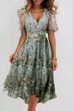 Elegant Floral Print V-neck Short Sleeve Midi Dress