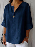 Plain Cotton V-neck 3/4 Sleeves Buttoned Blouse